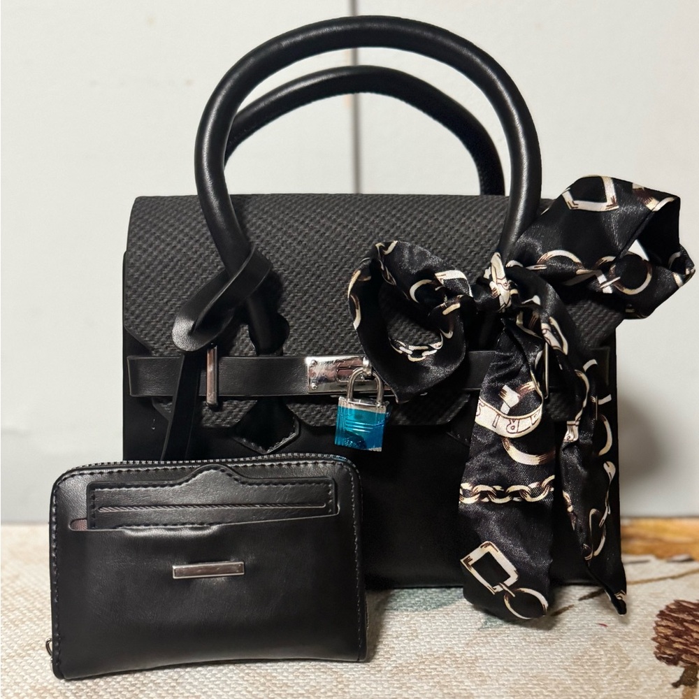 Black Handbag with Scarf and Wallet